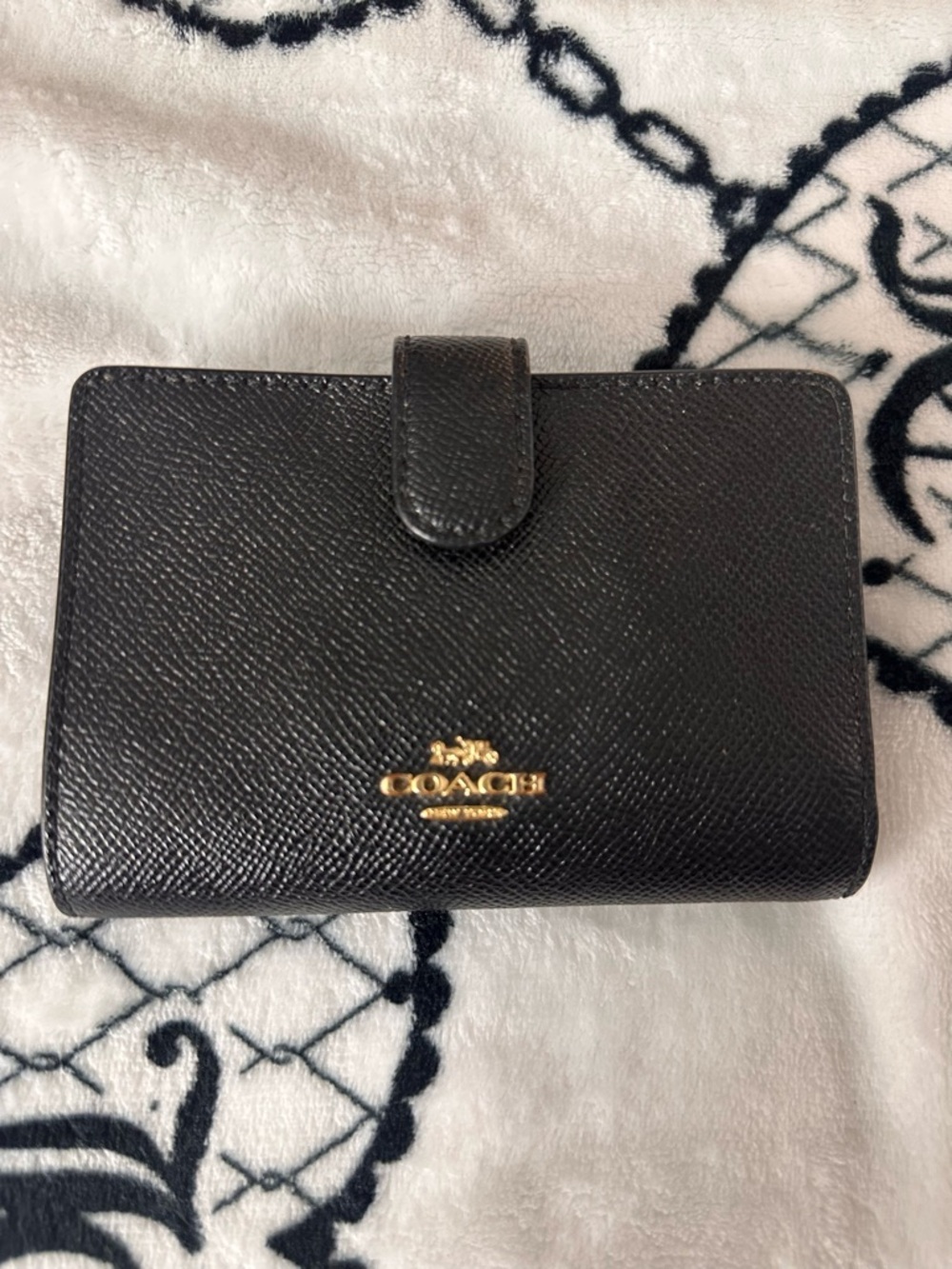 Coach Black Leather Snap Bifold Wallet with Gold Logo
